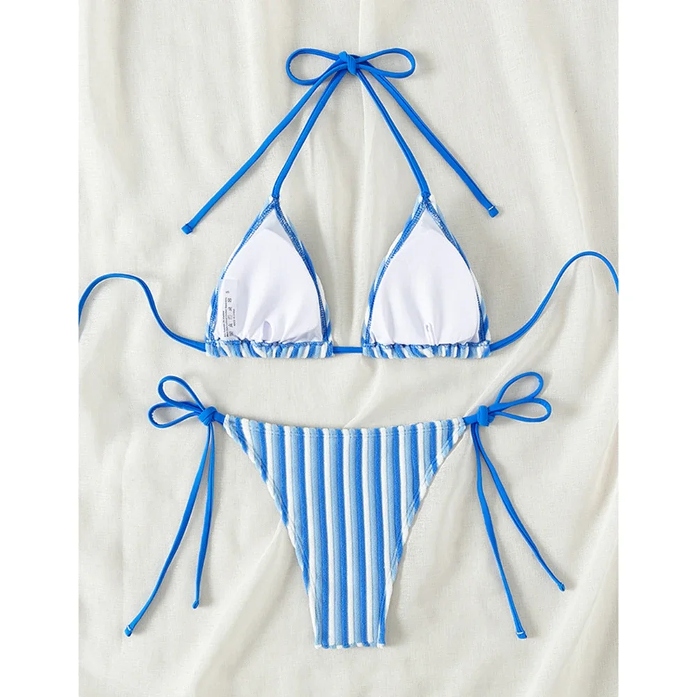 9 Colors New Towel Cloth Halter Neck Tie Up Striped Bikini Swimsuit For Women Summer Beach Vacation Low Waisted Swimwear 2024