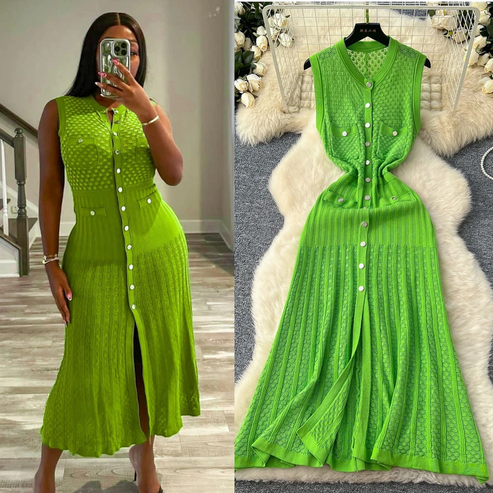 Marca YuooMuoo, vestido de verano tejido de un solo pecho a la moda para mujer, vestido camisero largo acampanado con bolsillos Vintage, batas elegantes para vacaciones