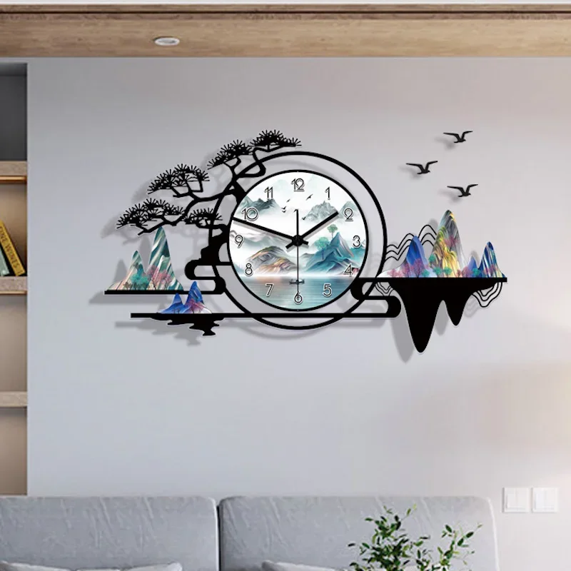 

New Chinese Landscape Wall Clock Modern Design Home Decor Simple Wall Digital Clock Wall Decorations Living Room Ornament