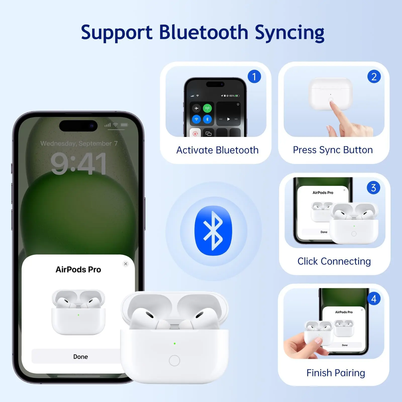 Wireless Charging Case Replacement Compatible with Airpods Pro 1 2 3 Charger Case with Bluetooth Pairing Sync Button image 3