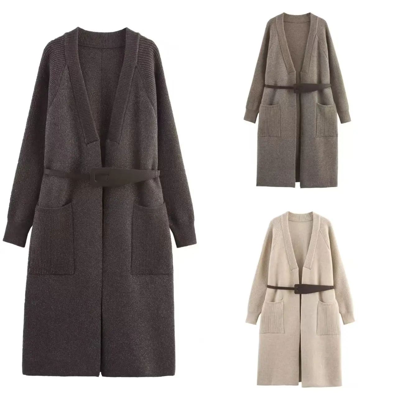 

Женское вязаное пальто KIDCRKJ на шнуровке, весеннее, с глубоким V-образным вырезом, большими карманами, свободного кроя, длинное, элегантное, для женщин