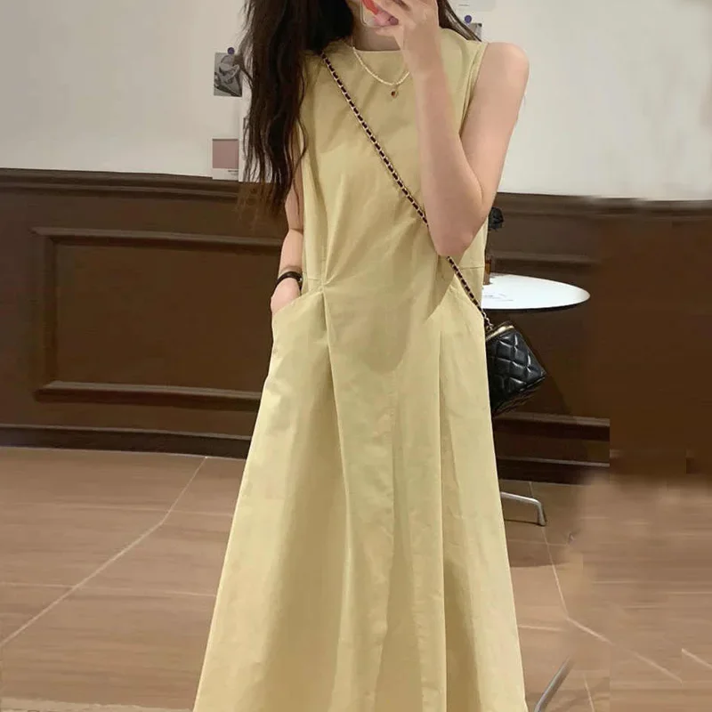 

Sweet Hot Girl Loose Sleeveless Dress for Women's Summer Casual O-neck Solid Color A-line Long Dress Fashion Female Clothes
