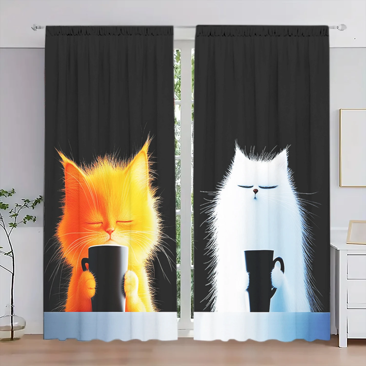 2pcs Cute Cat Holding Cups Printed Curtain for Home Decor - Rod Pocket Window Treatment for Bedroom, Office, Kitchen