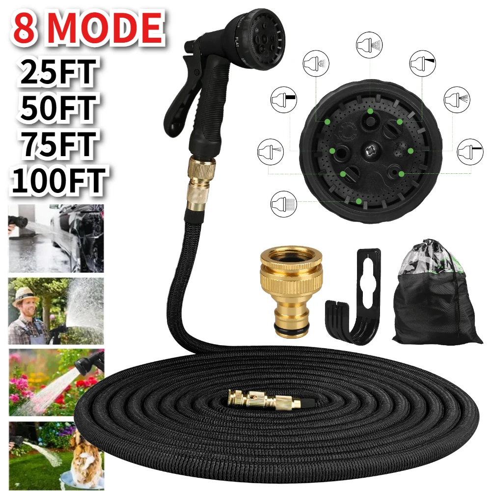 25/50/75/100ft Portable Car Wash Water Gun Garden Hose Water Gun For Cleaning Car 8 Mode Nozzle Spray Wall Mountable Water Hose