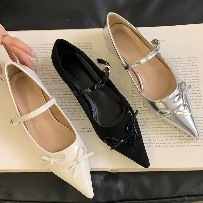 แฟชั่น Bowknot Sweet Mary Jane รองเท้าผู้หญิง Pointed Toe Elegant Office รองเท้าตื้นยี่ห้อรองเท้า Designer ปั๊มหญิง