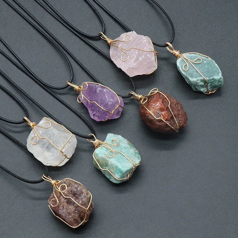 1pc 26-36mm Natural Stone Citrine Raw Wire Wrapped Pendant Pink White Quartz Amethyst Fluorite Irregular Stone Necklace Jewelry