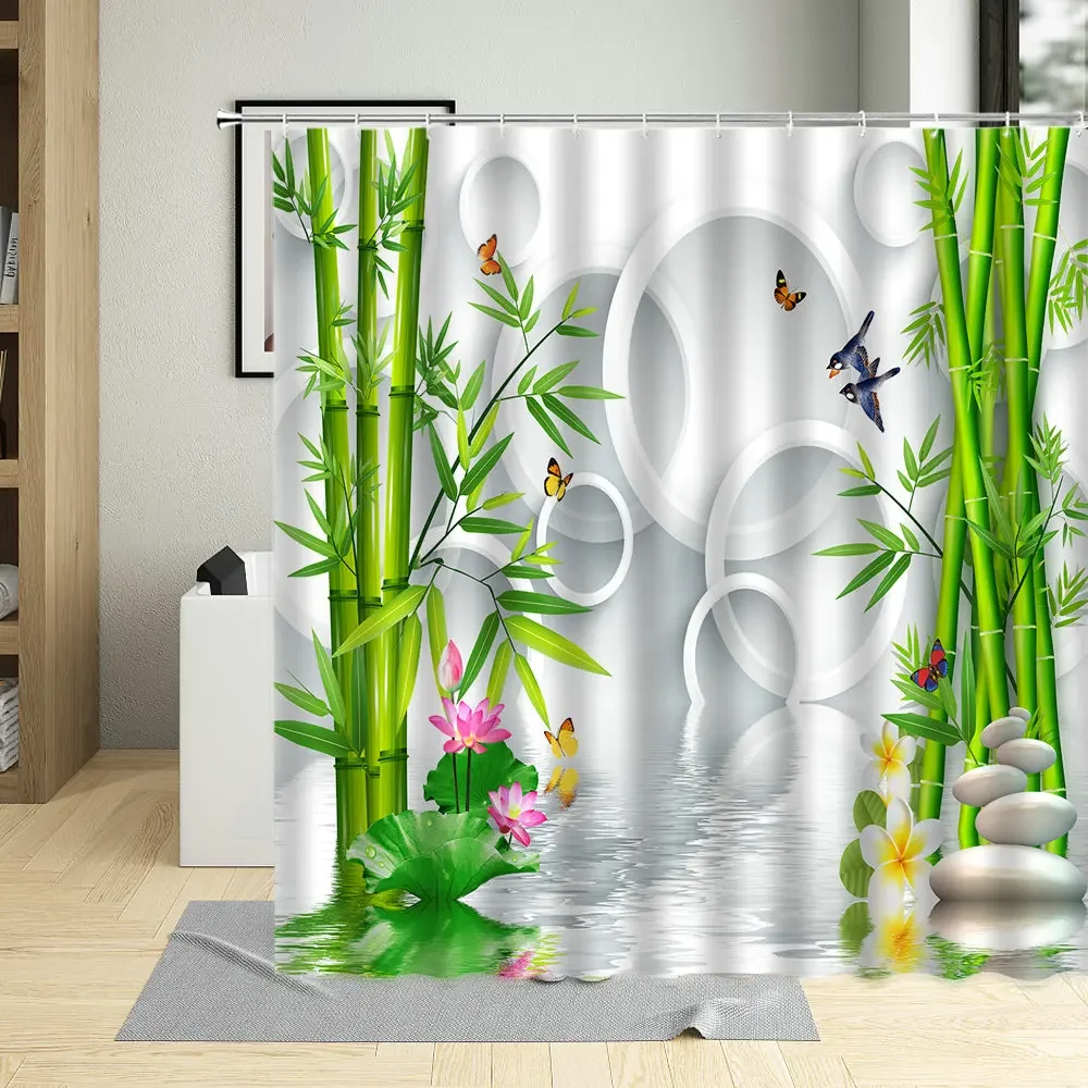 3D Three-dimensional Bamboo Shower curtain Lotus Fish Butterfly Bird Bathroom Home Decorative Cloth With Hook Washable Fabric