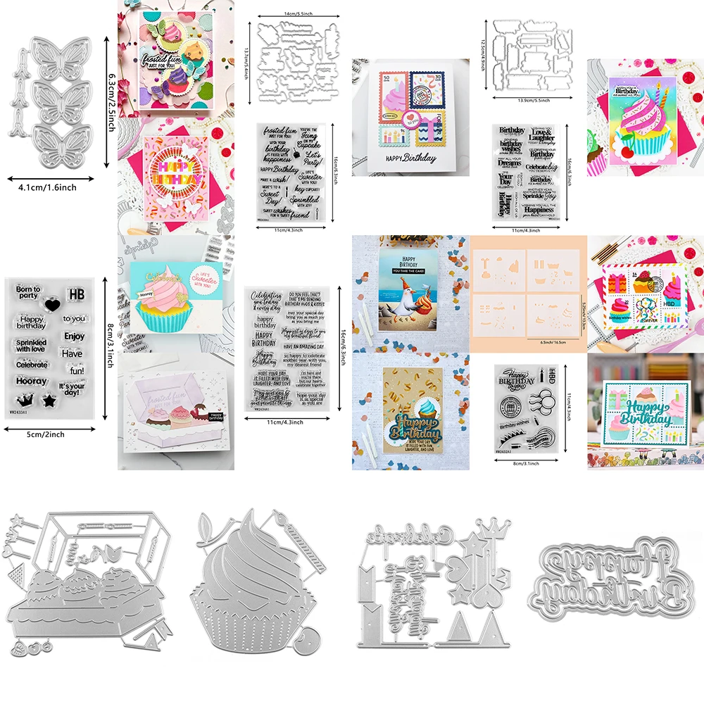 Alles Gute zum Geburtstag Cupcake Kerze Ballon Ornament Metall Stanzformen Wünsche Klare Stempel Kunststoff Schablone für Diy Dekor Karte Handwerk