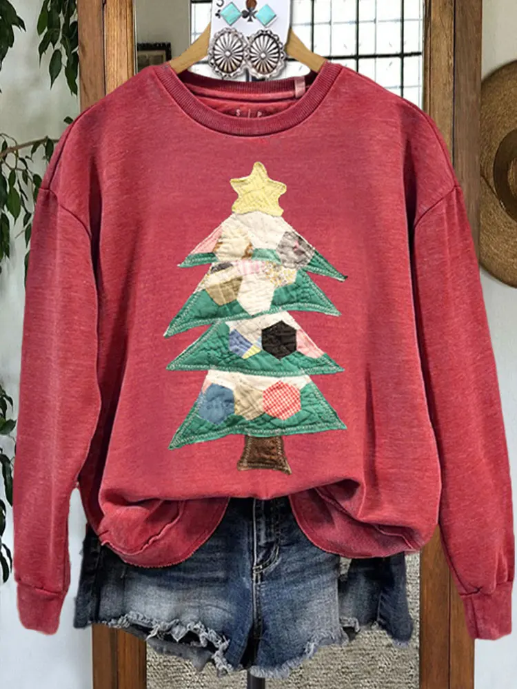 Christmas Tree Contrast Color Long Sleeve Sweatshirt