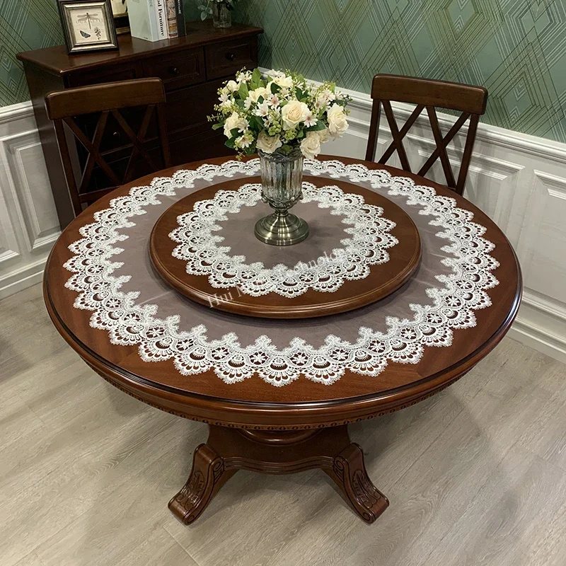 Round Table Cloth White Dining TableCloth Europe Embroidered Large Art Lace Yarn Transparent Dust Cover Small Disc Table Juppe