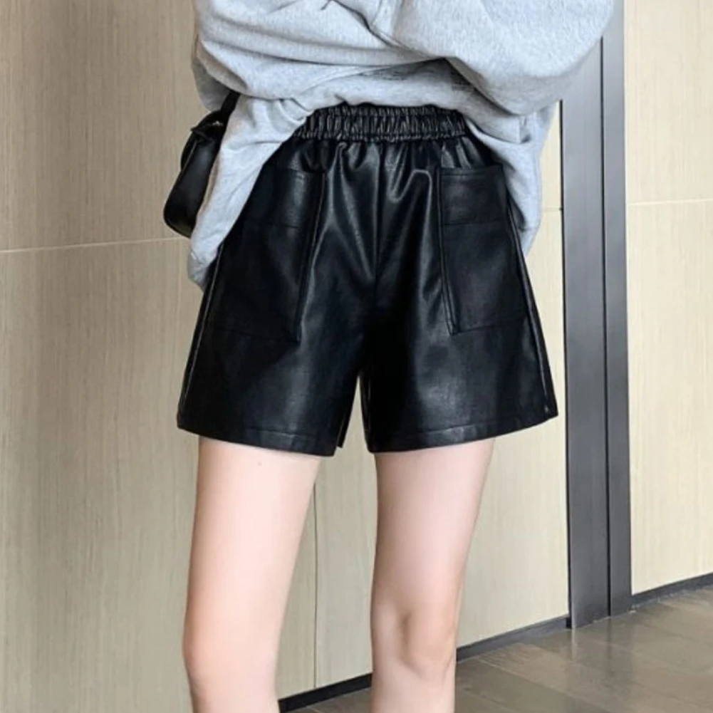 شورت نسائي من جلد البولي يوريثان عالي الخصر لملابس غير رسمية - بنطال فضفاض واسع الساق مريح لجميع المواسم مقاسات - 3XL #1