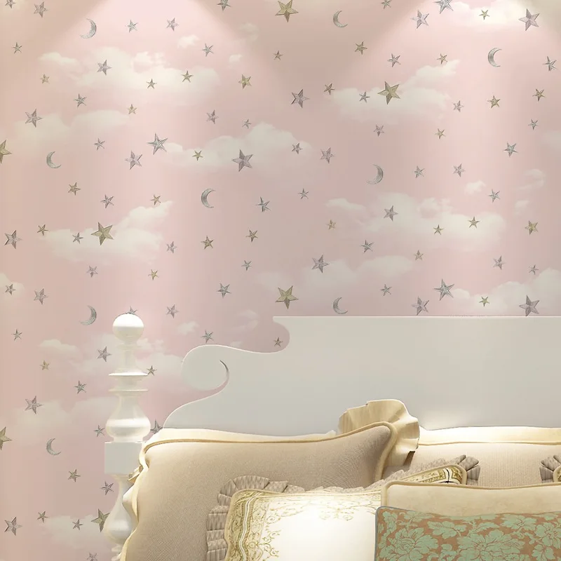 Light Pink 3D Kids Wallpaper with Blue Sky White Clouds and Little Stars Cozy Simple Cartoon Wall Mural for Bedroom Living Room
