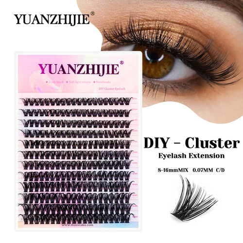 Imagen 1 del producto Pestañas híbridas segmentadas de gran capacidad, etiqueta privada personalizada, 0,07mm de espesor, aspecto Natural, pestañas en racimos DIY de YUANZHIJIE