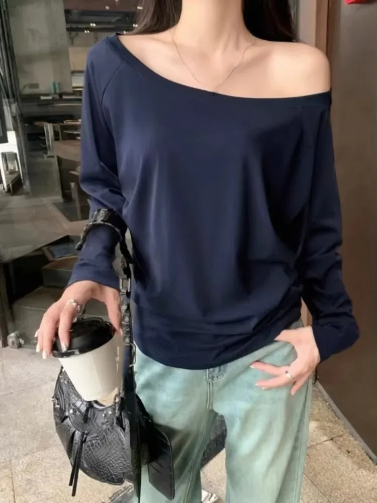 Y2k Aesthetic Sexy Skew Collar Casual T-shirts Streetwear Women Autumn Solid Loose Tshirt Harajuku Grunge Vintage Simple Tops