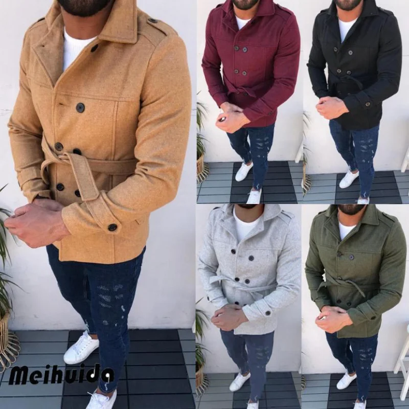 Casaco masculino com cinto de manga comprida, casaco de lã e trench coat duplo breasted