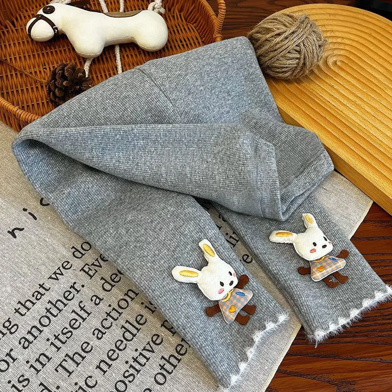 Korean Style Baby Girls Winter Fleece Lined Pants Children's Cute 3D Bunny Print Warm Trousers Kids Leggings