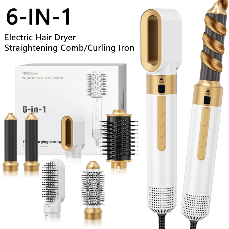 6-in-1 High Speed Hair Dryer Curling Iron Roll Straight Two-use Multifunctional Electric Curling Iron Hot Air Straight Hair Comb
