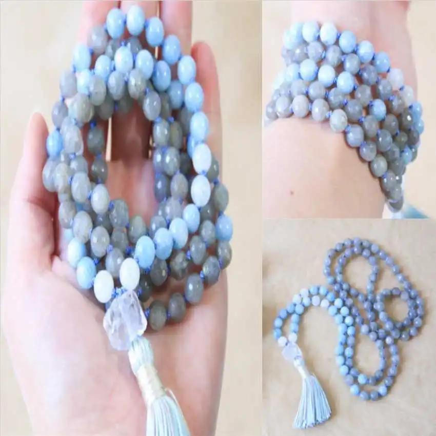 108 Knot Necklace Choker Aquamarine Glitter Stone Spiritual Religious Crystal Meditation Gemstone Hipster Couples 8mm Mala  Men