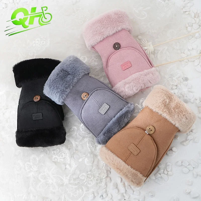 

Autumn Winter Warm Flip Gloves Women Cycling Witting Fleece Lined Half Finger Dual-purpose Mittens Office Student Outdoor Gloves