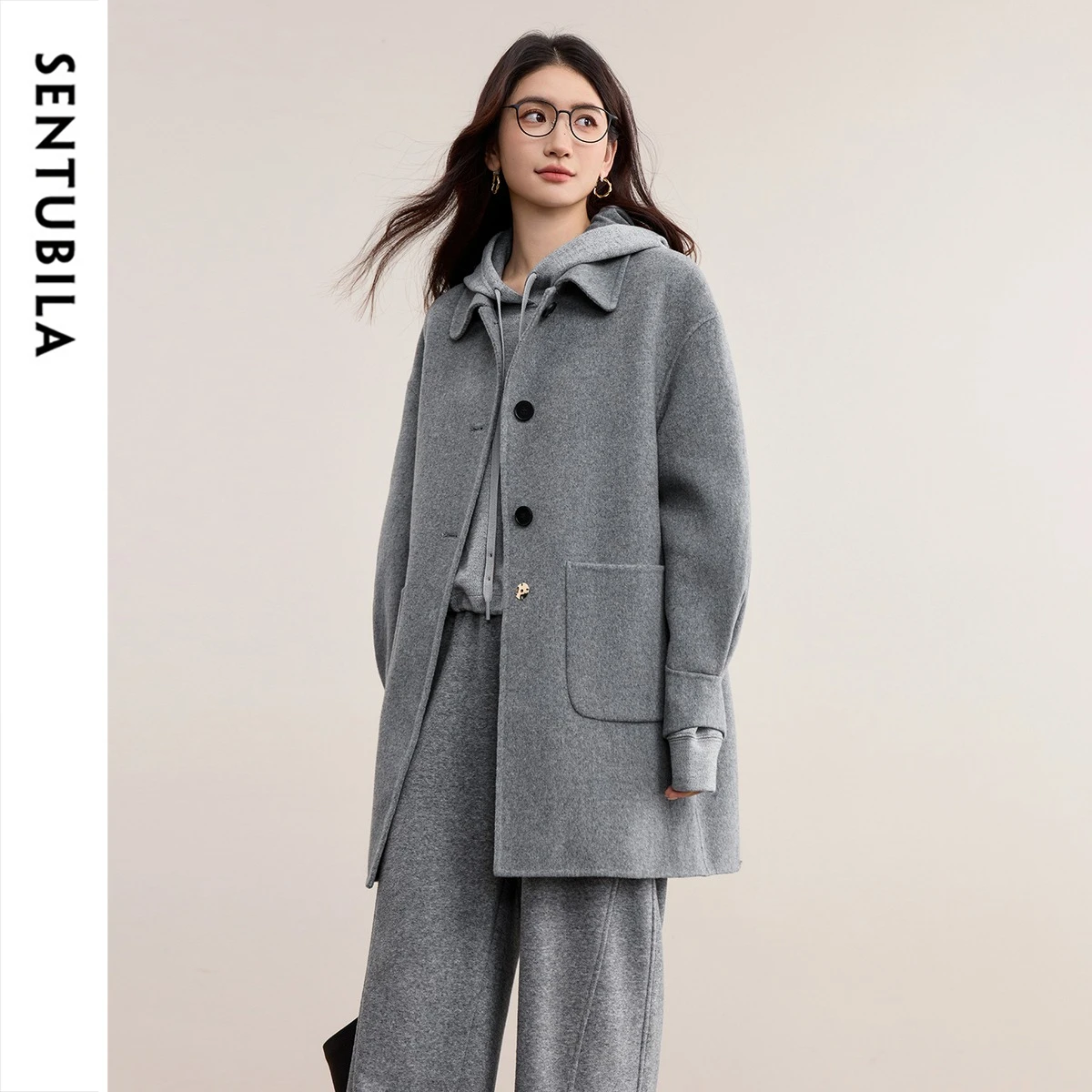 SENTUBILA Women Double Faced Coat British Style Lapel Thick Warm Winter Overcoat Grey System Slim Commuter Outerwear W54OC2666