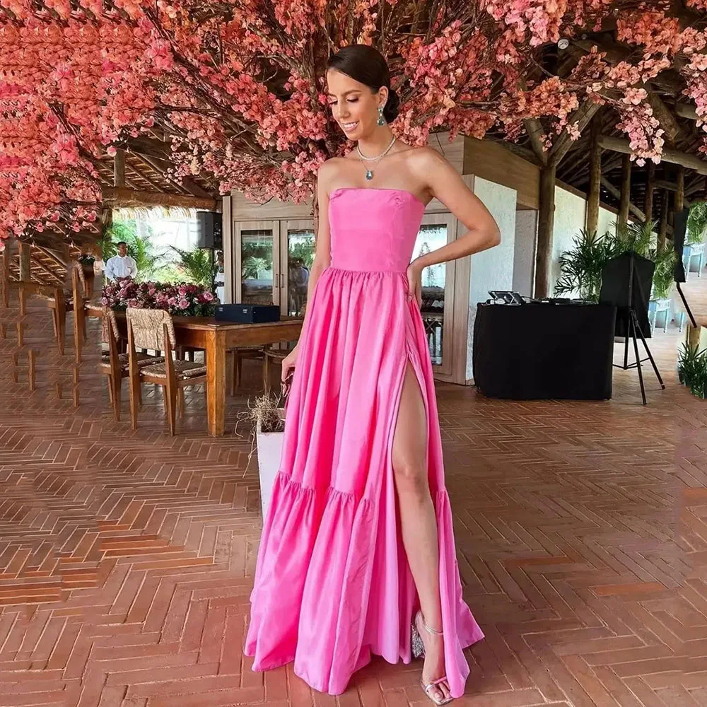 Msikoods Hot Pink Evening Dress Customized Strapless Sexy Side Split Special Occasion Dresses Tiered Ruched Brithday Party Gown