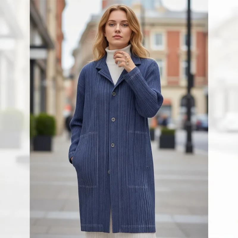 

Плиссированная женская куртка Miyake, новинка 2026, весенняя корейская версия, повседневная джинсовая длинная рубашка с воротником-стойкой, свободная пригородная одежда