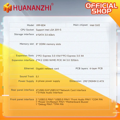 Imagen 2 del producto HUANANZHI X99 8D4 LGA 2011-3 placa base XEON CPU Dual compatible con XEON E5 2640 2667 2666 2680 2696 V3 V4 memoria DDR4 RECC M.2 NVME