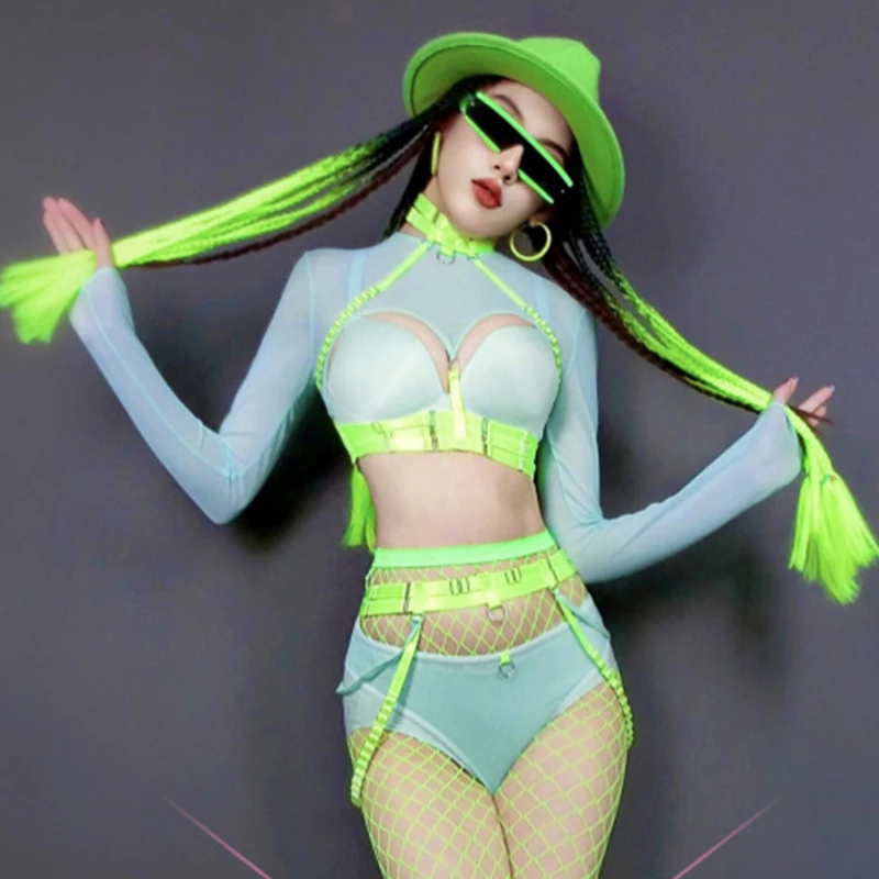 Fluorescent Green GoGo Dance Costume Women Nightclub Sexy Dj Show Clothing Mesh Tops Bikini Rave Outfit Bar Party Wear DNV17809