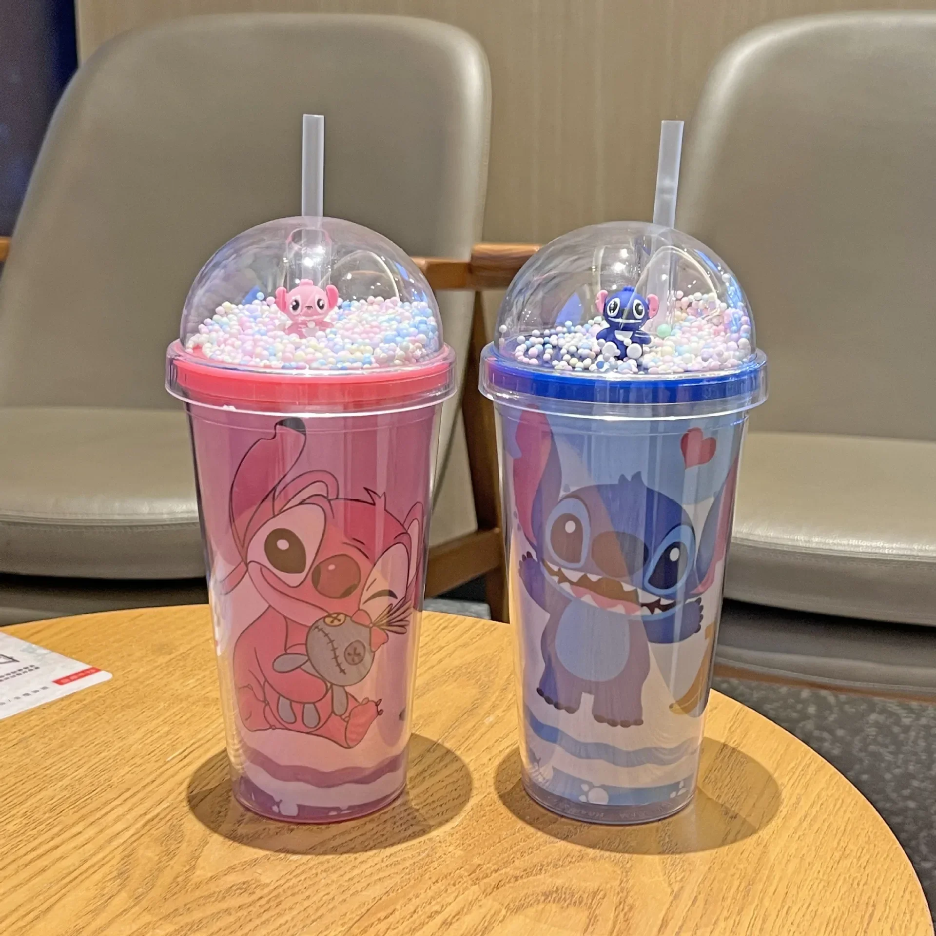 450ML Disney Lilo & Stitch Angel Couple Cartoon Double Layer Plastic Water Cup Portable Gift for Boy Girl