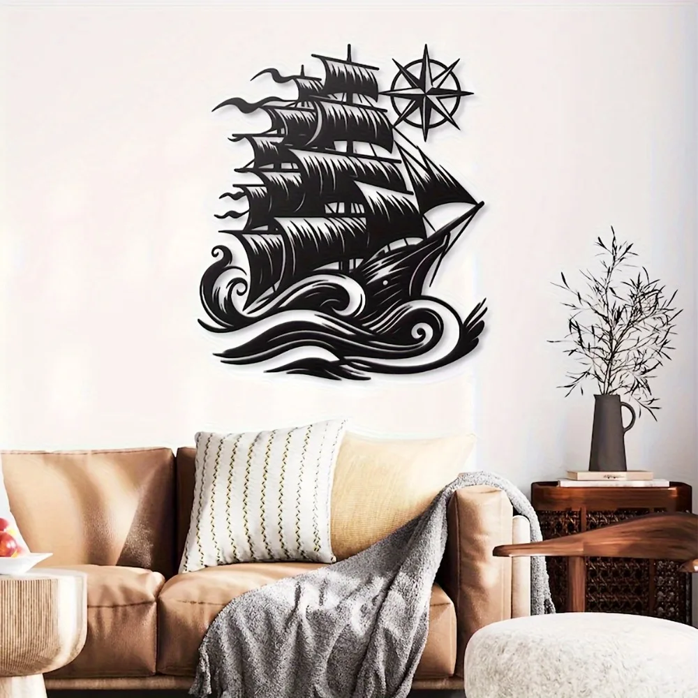 1pc Sailboat Compass Metal Wall Art Iron Nautical Wall Decor Living Room Patio Wall Hanging Plaque