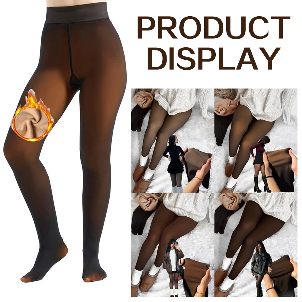 Warm Pants Women's Fleece Lined Thermal Tights One-Line Seams Front Back Semi-Transparent Thick Leggings Closed Foot Design