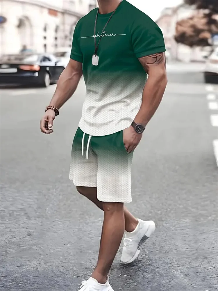 Color Gradient Summer Men's Suit Sportswear New Oversized Clothing 3D Print T-Shirt Shorts Men's Simple Clothing Fashion Suits