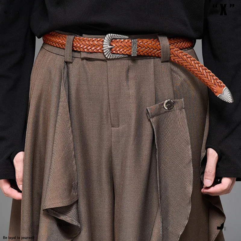 本革製ブラウンベルト、合金製織り込みバックル、ニュートラルスタイル、メンズカジュアルファッションアクセサリー、中国メーカー