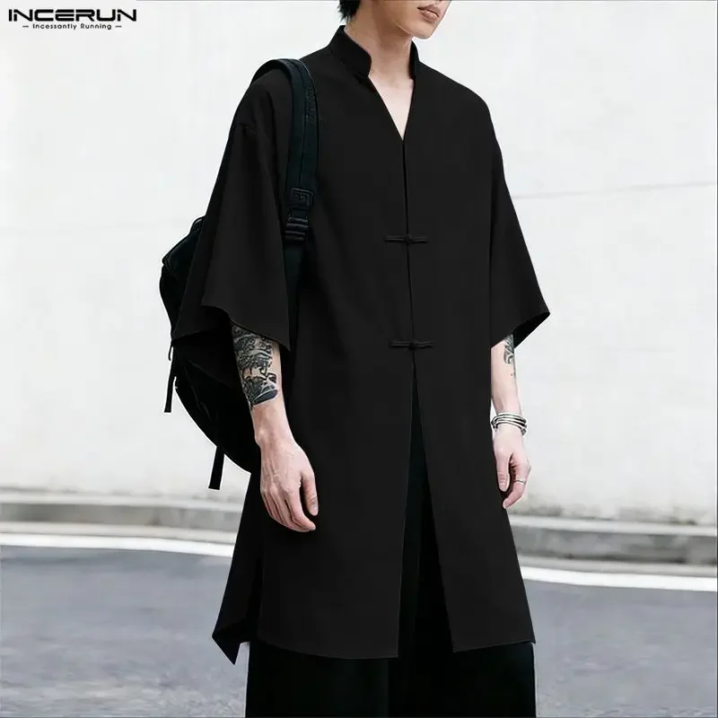 

INCERUN Men Shirt Solid Color V Neck Half Sleeve Vintage Button Men Clothing Streetwear Loose 2026 Casual Long Style Shirts Men