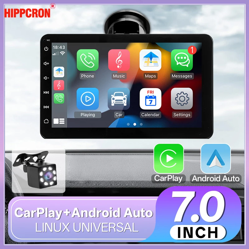 Hippcron Car Radio Multimedia 7 Inch Wireless Carplay Android Auto Portable Video Player IPS Touch Screen Bluetooth Mirror Link