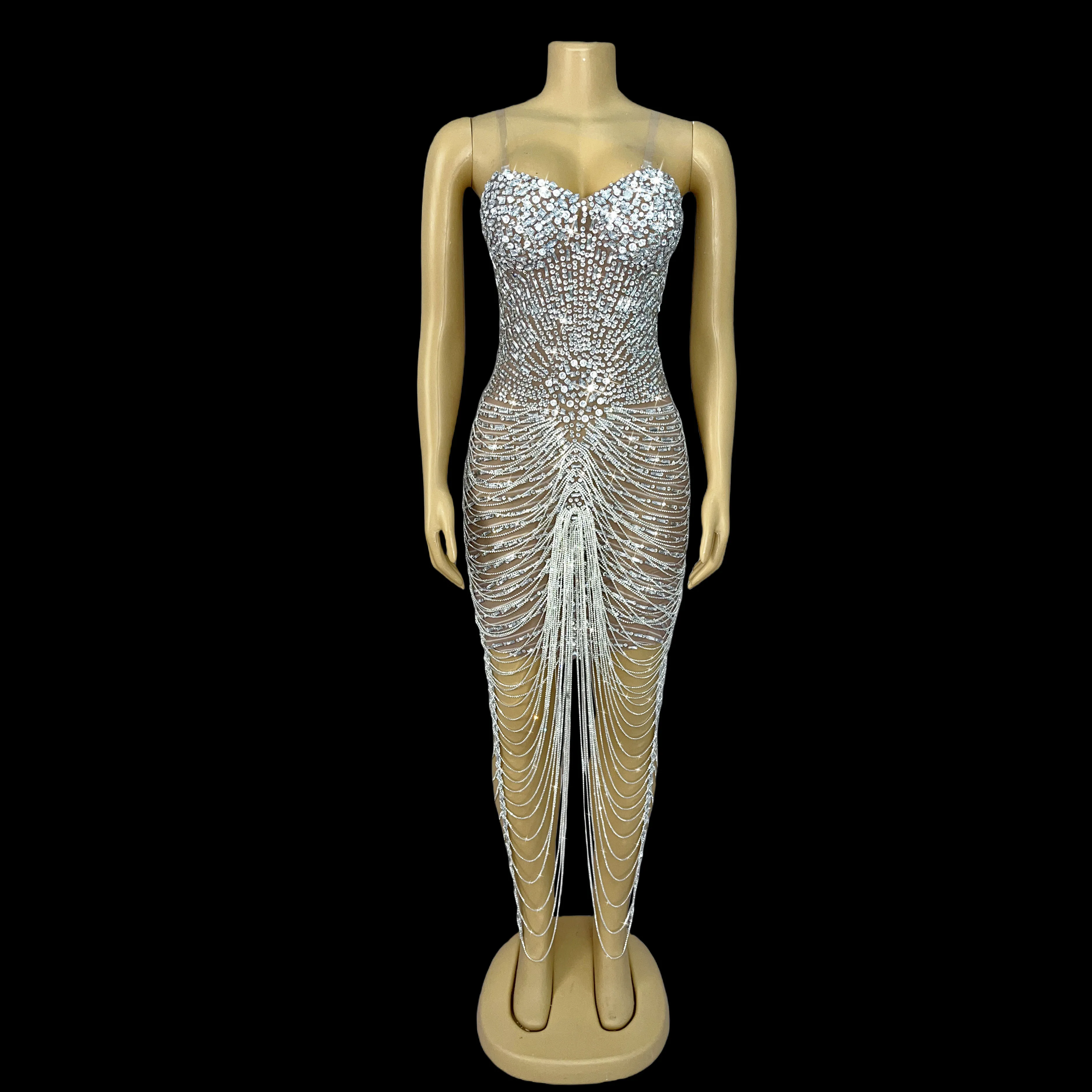 

Heavy industry full shiny crystal chain rhinestone elegant dress ladies evening wear fashion show red carpet attire huaruixinglv