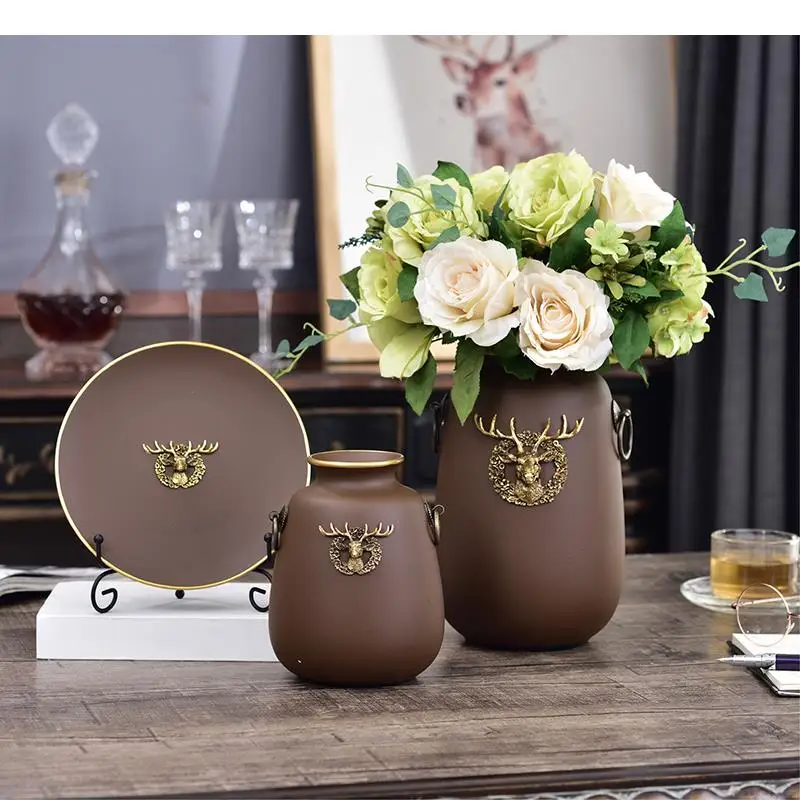 Creativity Deer Copper Ring Ceramic Vase Dining Table Porch Decoration Crafts Desktop Home