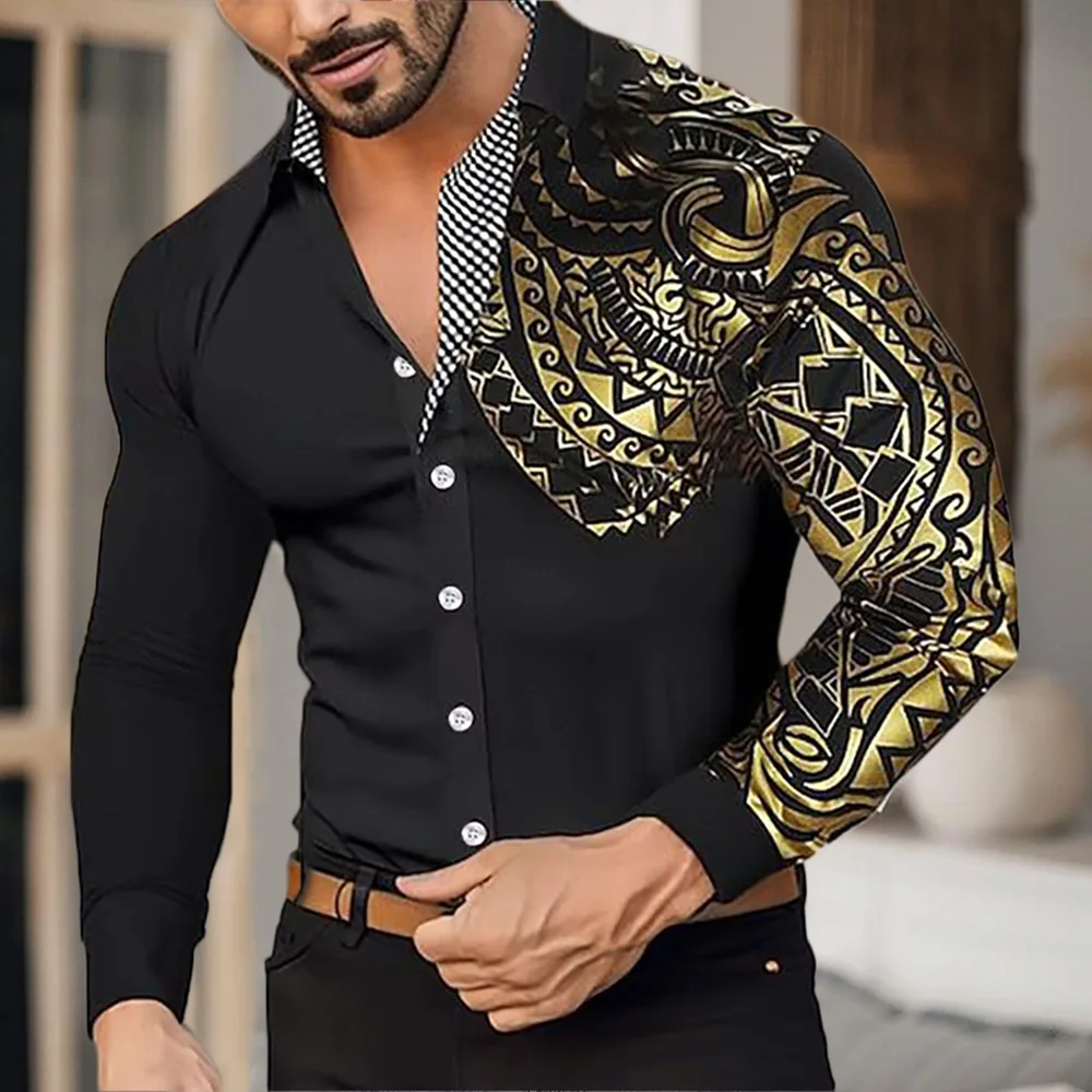 

Men's Long Sleeve Gold Printed Shirt Autumn Men's Fashion Hot Selling Shirt Men Casual Business Single Breasted Slim Fit Tops