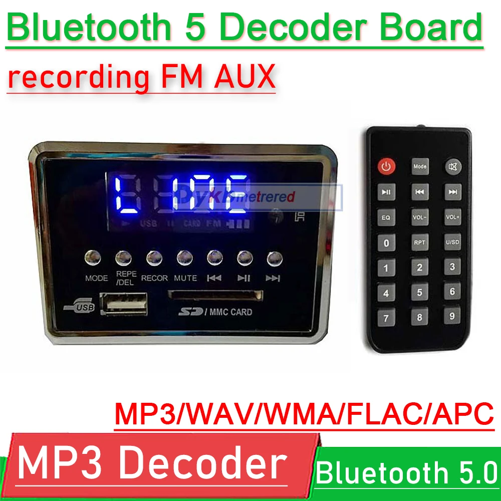 Bluetooth 5.0 MP3 WAV decoder board Audio USB music player display FM radio AUX recording W  Remote control for POWER Amplifier