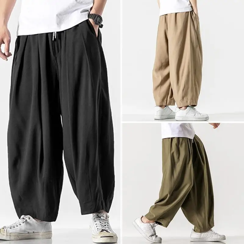 Plus Size S-5XL Men Cotton Pants Spring Summer Autumn  Casual Drop Crotch Drawstring Elastic Waist Loose  Long Baggy Joggers