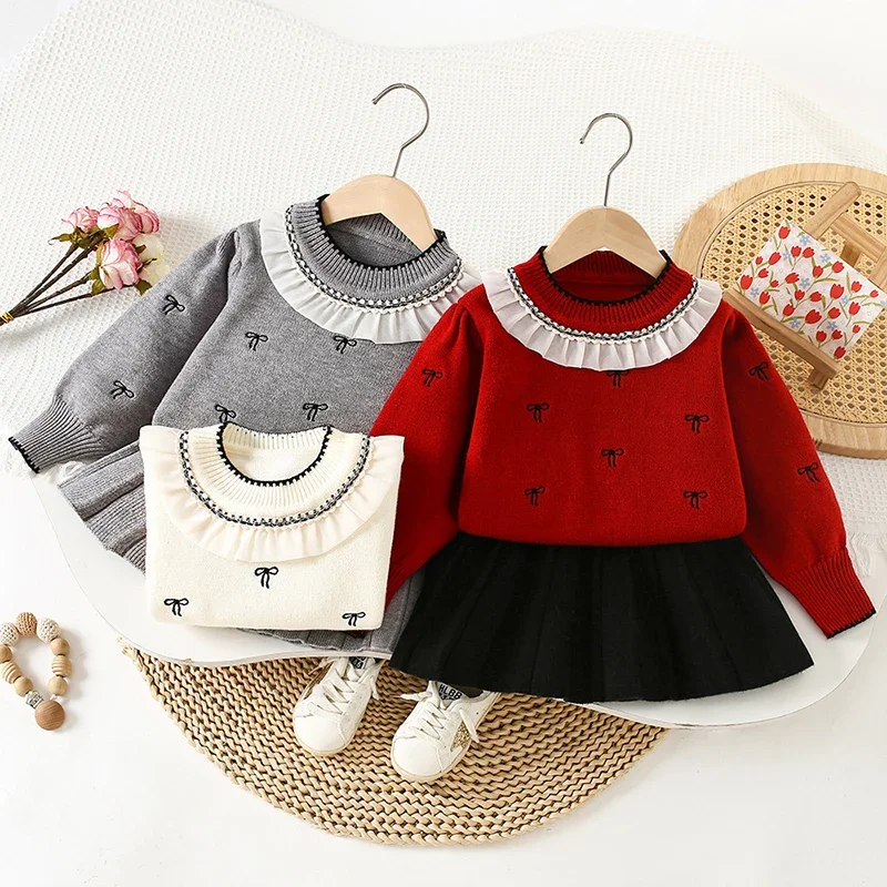 2025 New Autumn Kids Knitted Clothing Suit 2-6Yrs Baby Girls Clothing Set Long Sleeved Knitted Pullover Sweater+Short Skirt
