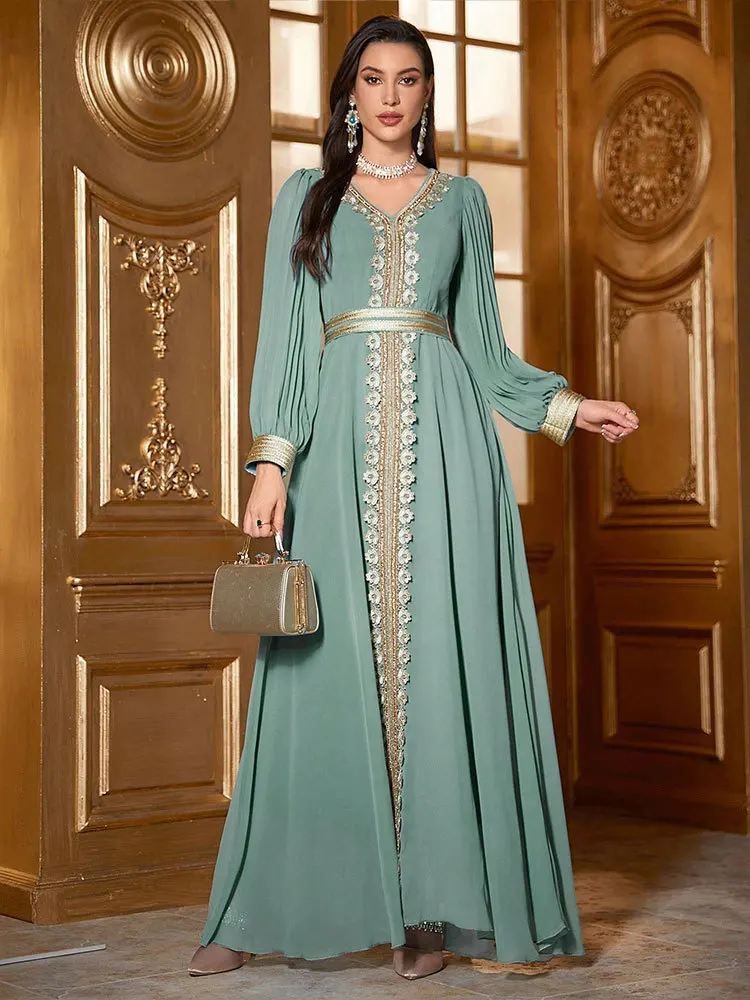 Kaftan Dresses Luxurious Beads Women Dubai Embroidery Elegant Long Sleeve Muslim Abaya Islam Turkey Moroccan Long Dress KY788