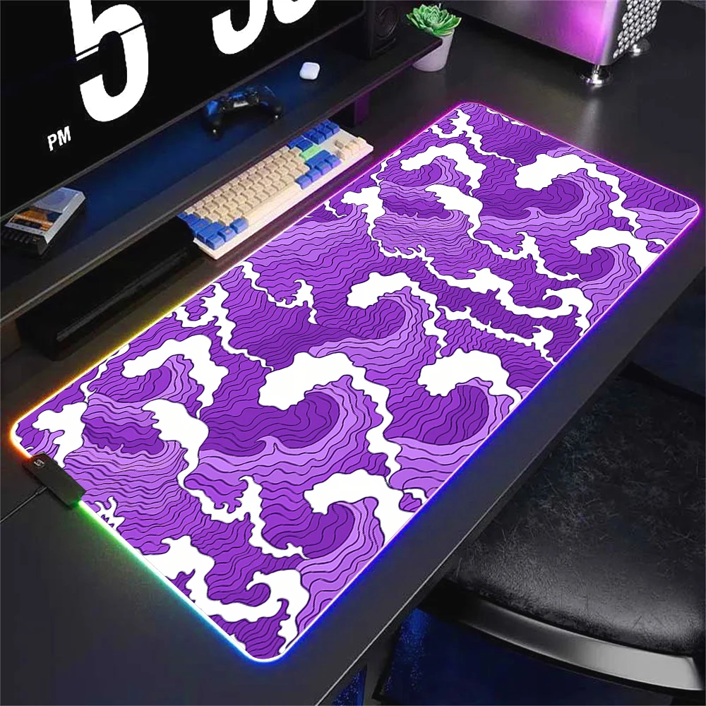 Large RGB Colorful Mousepad Japanese Great Wave Non-Slip Large Computer Mice Mat Rubber HD Print Gaming LED Backlight Carpet Xxl