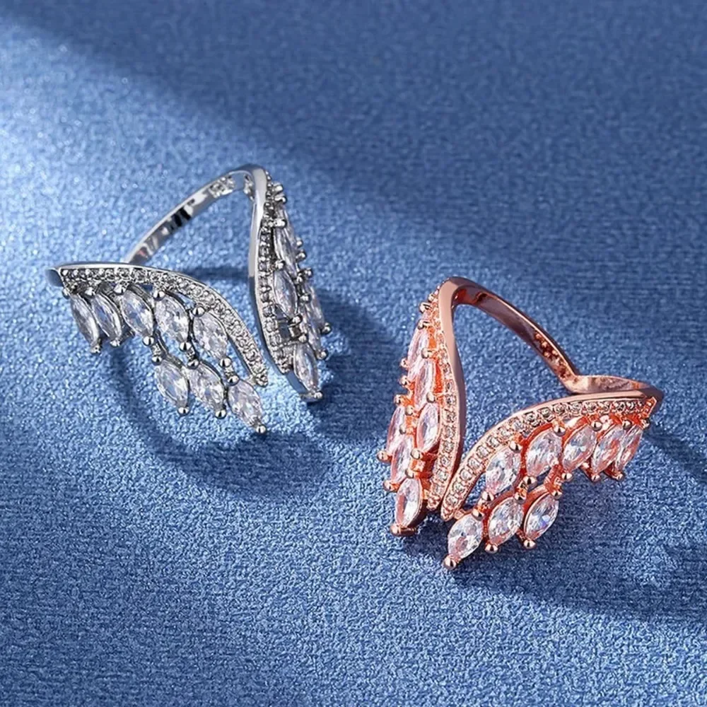 Original Design Angel Zircon Wings Opening Ring for Women Luxury Gold Color Stainless Steel Wedding Bride Finger Jewelry Gift