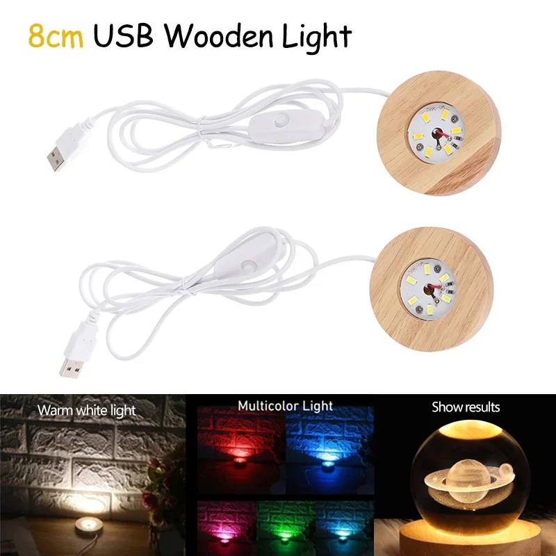 8cm Wooden LED Light Dispaly Base Crystal Glass Resin Art Ornament Wooden Night Lamp Base LED Light Rotating Display Stand