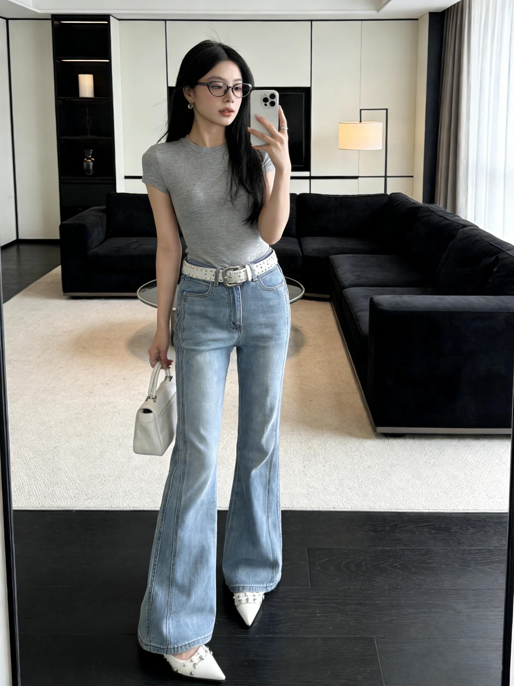 

High Waist Bell Bottom Jeans Women's Summer Korean Style Design Slimming High Heels Commuter Versatile Bell Bottoms