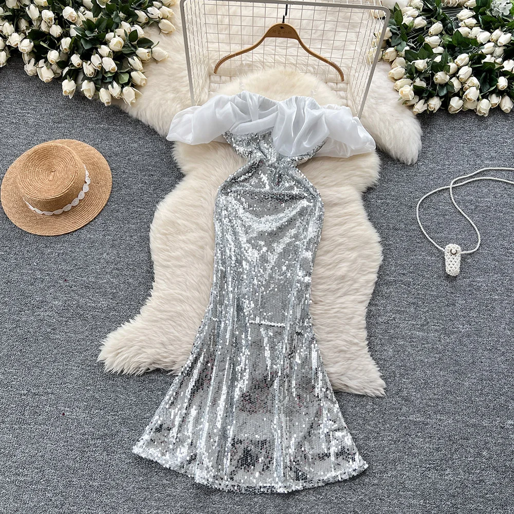 

Women's Silver Sexy Shinning Evening Dress Mid-Length Ruffled Edges Sequins Party Gown Light Luxury Off Shoulder Female Vestido
