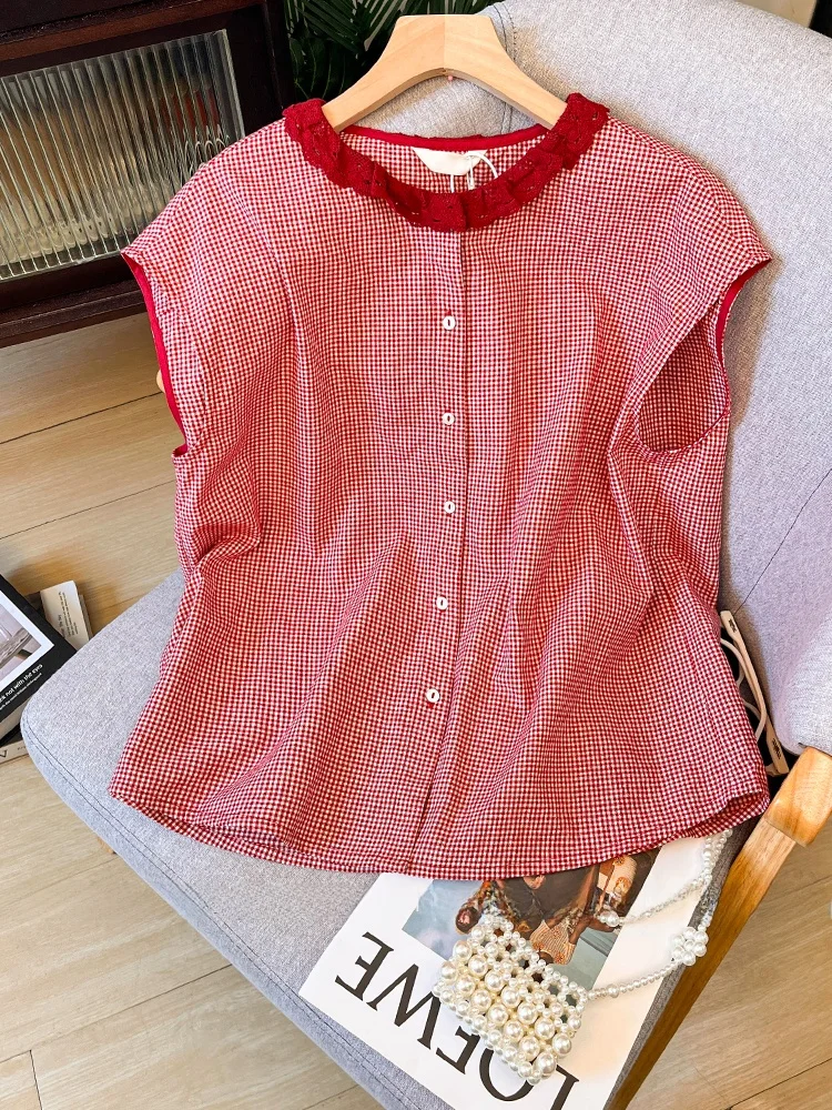 

Red And White Gingham Ruffle Collar Cotton Linen irt Women's Summer Japanese Sle Retro Loose oulder Cover Sve Top