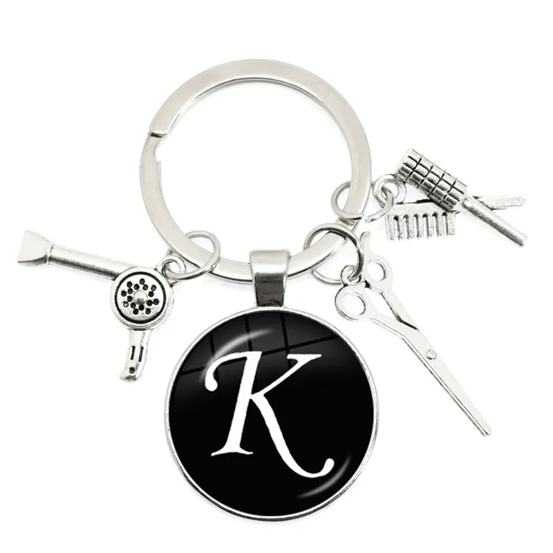 Hairdressing Tools Pendant Keychain 25mm Glass Dome Cabochon A-Z 26 Letters Hair Drier Charm Key Rings Jewelry for Barber Gift