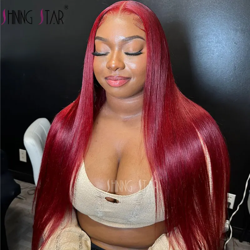 Dark Burgundy 13X4 13X6 Tranparent Lace Front Human Hair Wigs Red Colored 99J Straight Hd Lace Frontal Wig For Women Pre Plucked